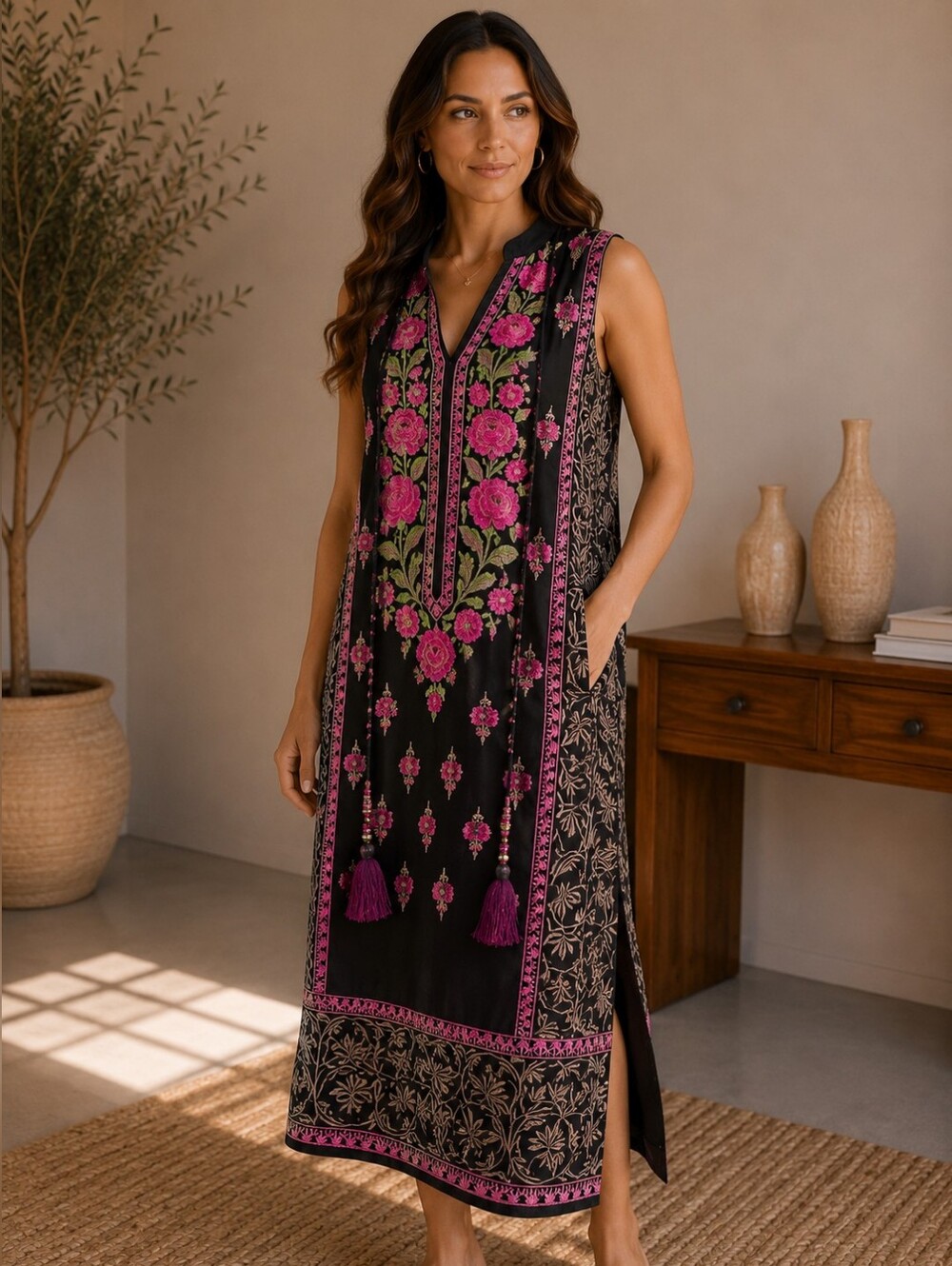 Boho Black Embroidered Floral Sleeveless Midi Dress Pink Tassels Size M